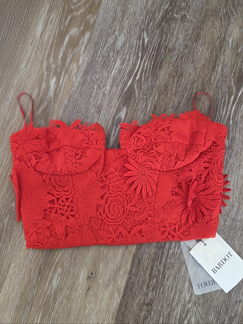 Bardot Revolve Brias Bustier NWT Fire Red Strapless Lined Embroidered lace Crop - Picture 7 of 16